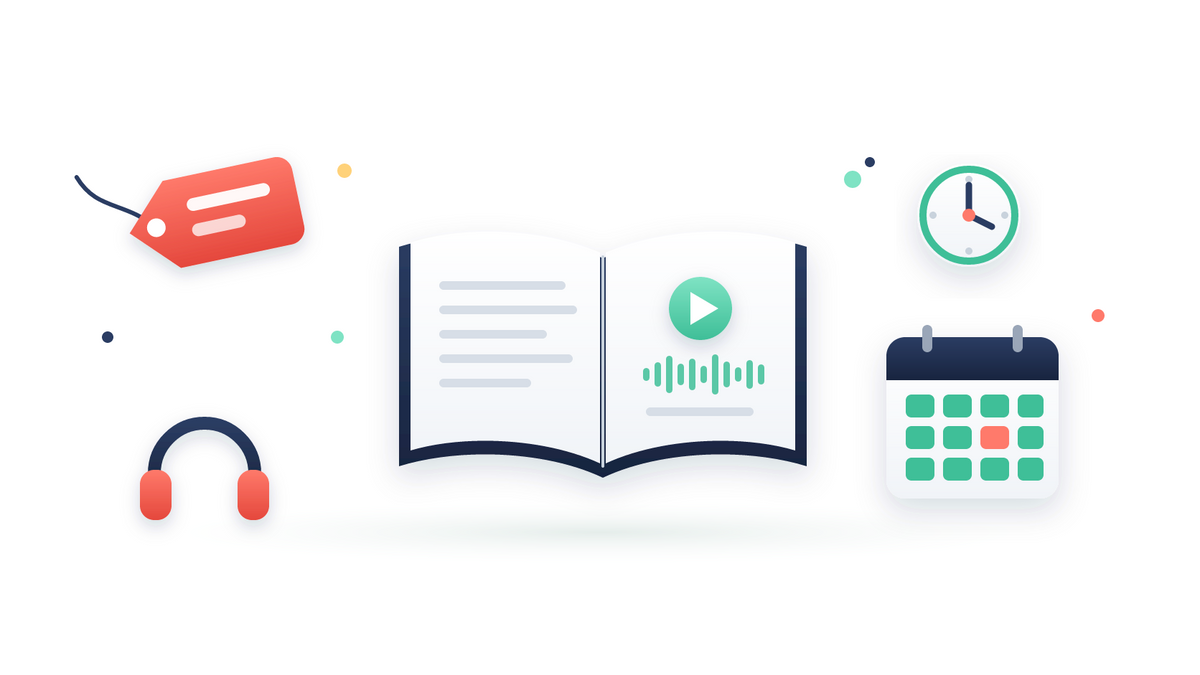 Illustration of an open book with a play button and sound wave, headphones, a price tag, a clock and a calendar with one highlighted day