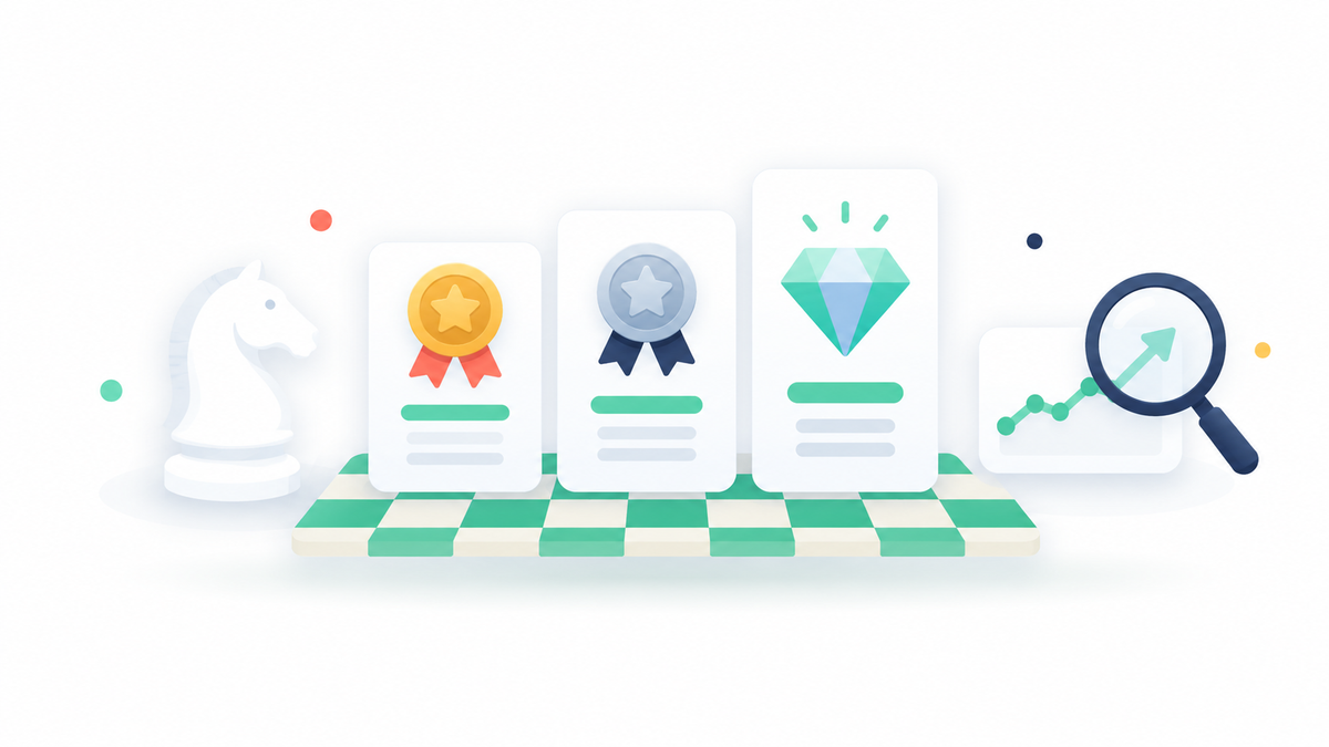 Illustration of three chess pieces on gold, platinum and diamond coloured pedestals for the three Chess.com tiers