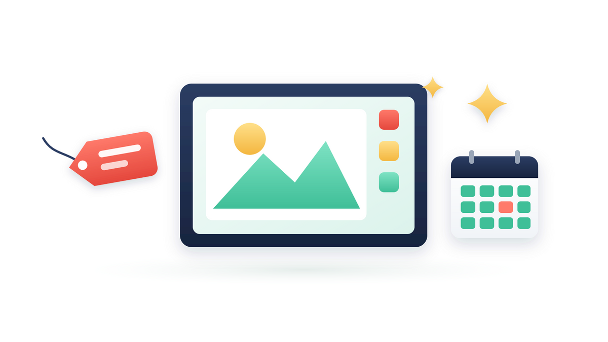 Illustration of an image-editing canvas, a price tag, AI sparkles and a calendar