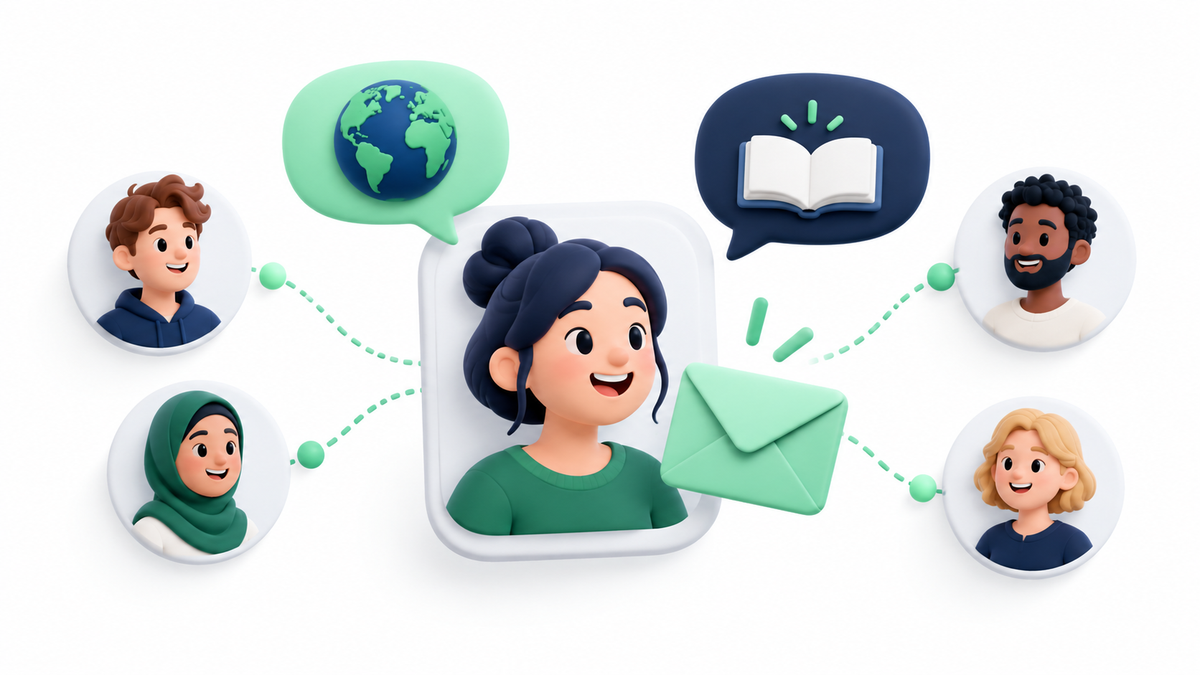 Illustration einer Einladung zum gemeinsamen Sprachenlernen mit eigenen Profilen