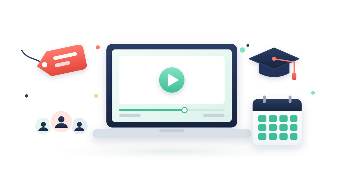 Illustration eines Videoplayers mit Preisschild, einer Gruppe von Profilsymbolen, einem Absolventenhut und einem Kalender