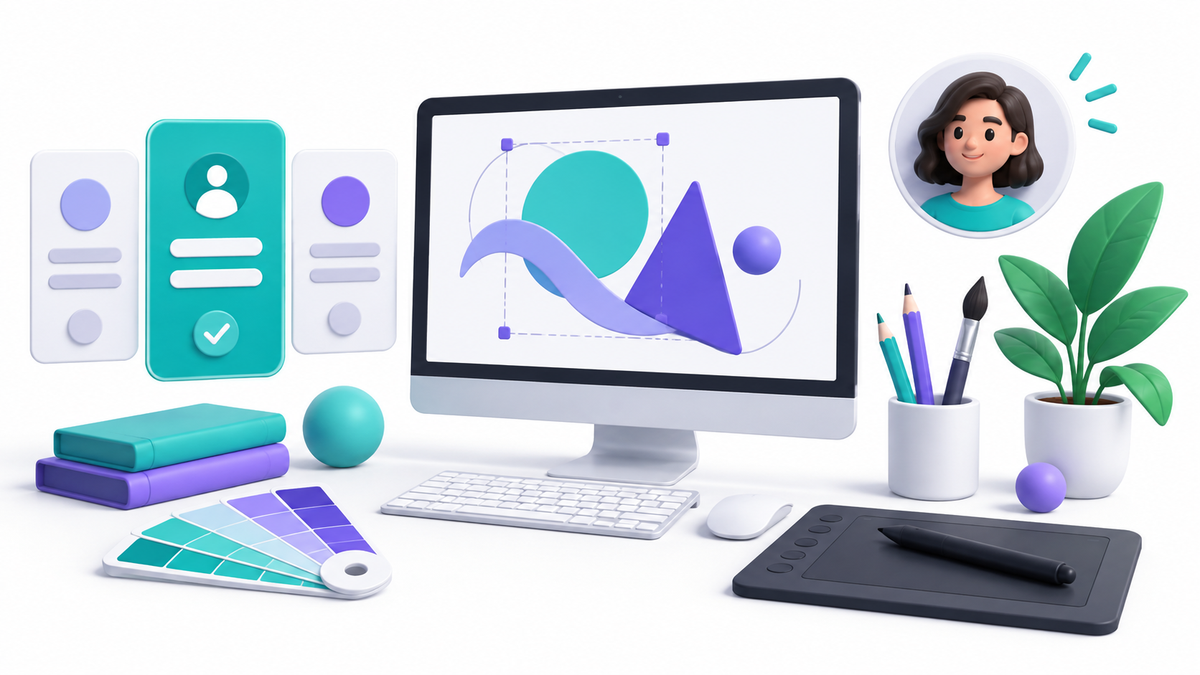 Illustration eines persönlichen Design-Arbeitsplatzes mit Farbmustern und Gestaltungsfläche