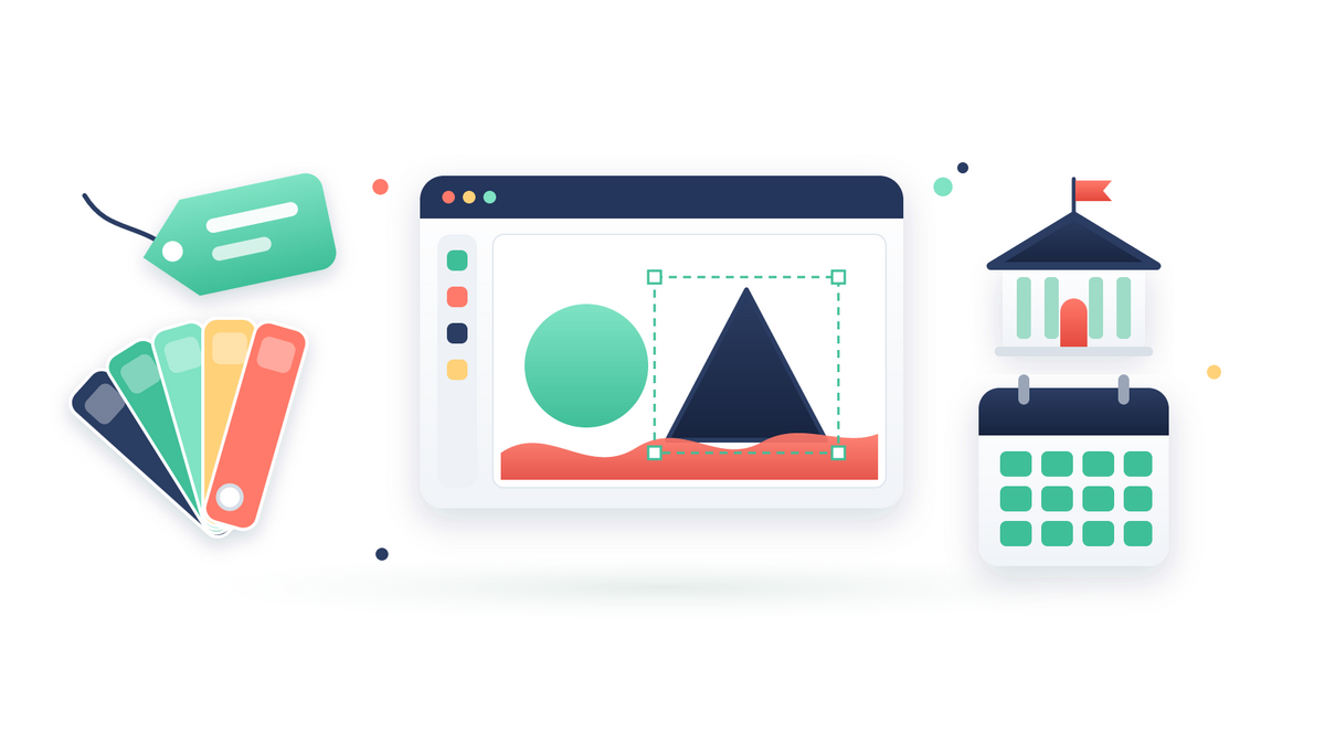 Illustration of a design canvas with shapes and colour swatches, a price tag, a school building and a calendar