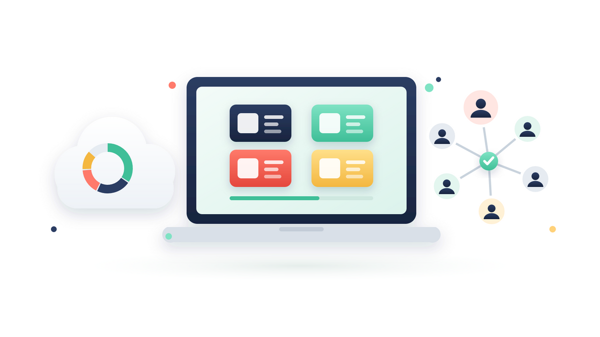 Illustration of a laptop with four app tiles, a cloud with a shared storage ring and a group of six connected people
