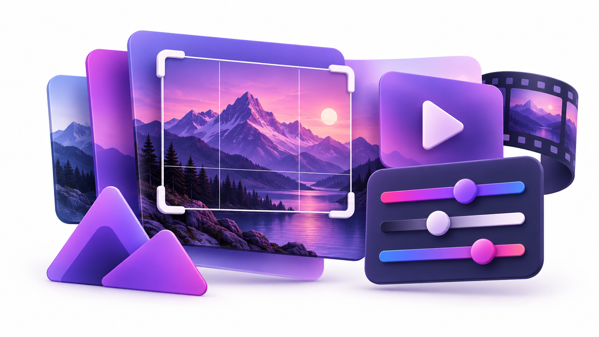 Illustration von Foto- und Videobearbeitung mit Bildebenen und Farbreglern