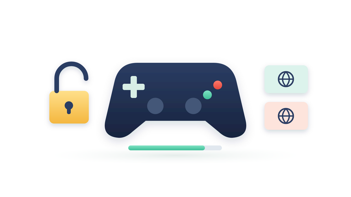 Illustration of a game controller, a progress bar, an open lock and separate regions