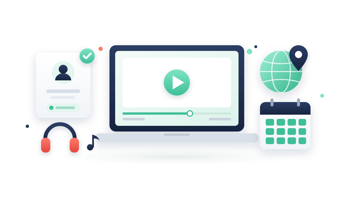 Illustration eines Laptop-Videoplayers mit persönlichem Profil, Globus mit Standortmarkierung und Kalender mit zwölf Feldern