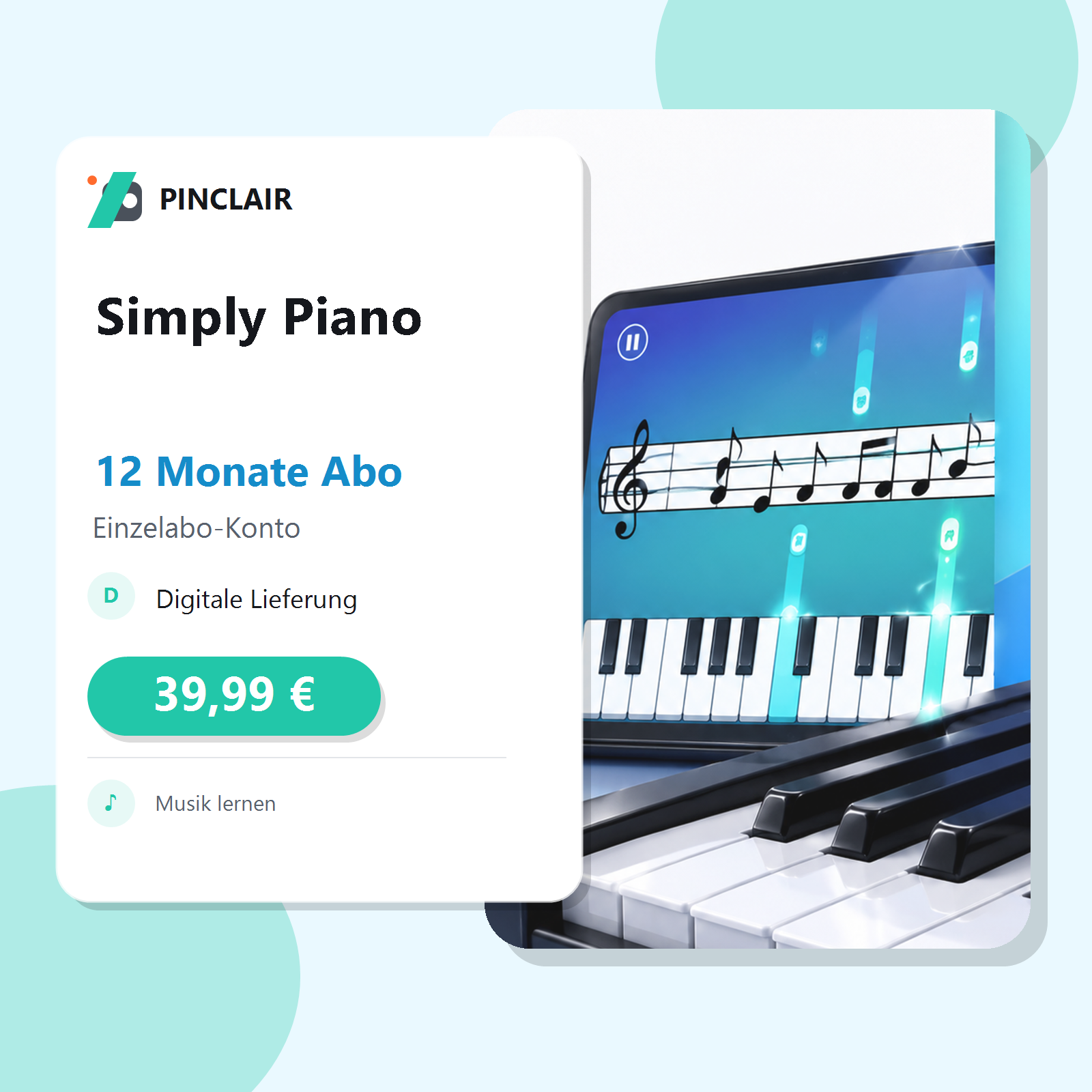 Simply Piano 12 Monate Einzelabo Produktkarte bei Pinclair, 39.99 EUR