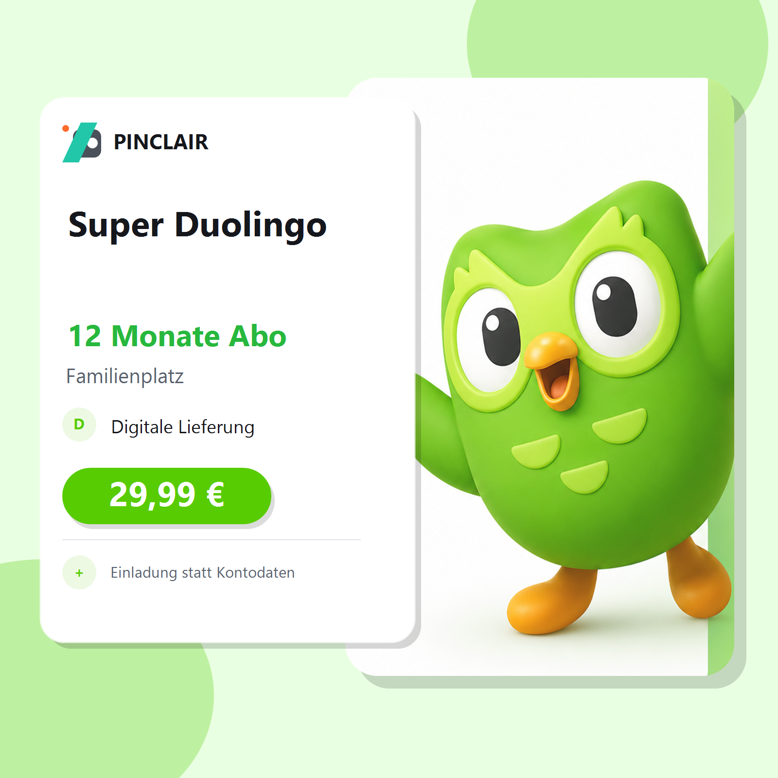 Super Duolingo 12 Monate Familienplatz Produktkarte bei Pinclair, 29.99 EUR