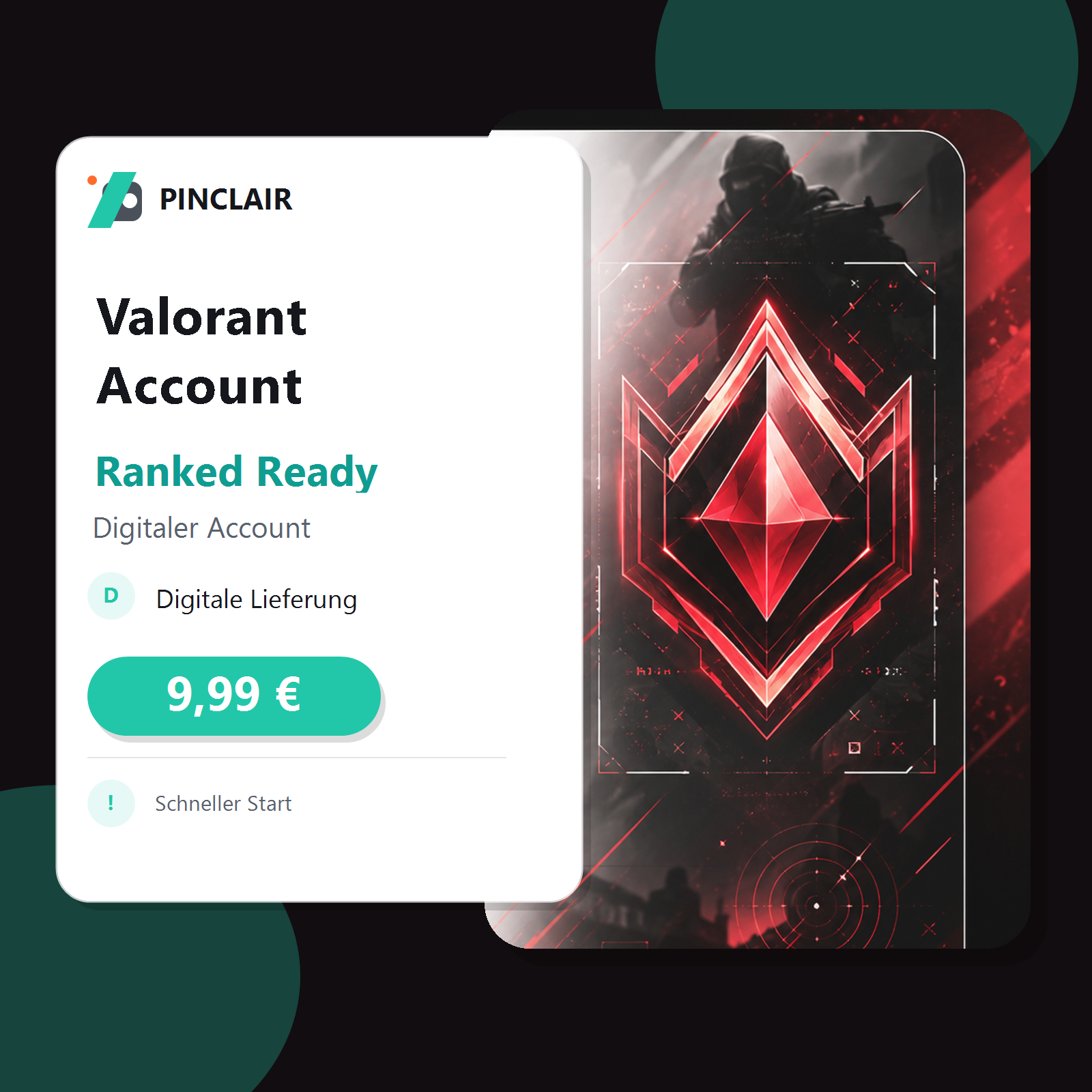 Valorant Ranked Ready Account Produktkarte bei Pinclair, 9.99 EUR
