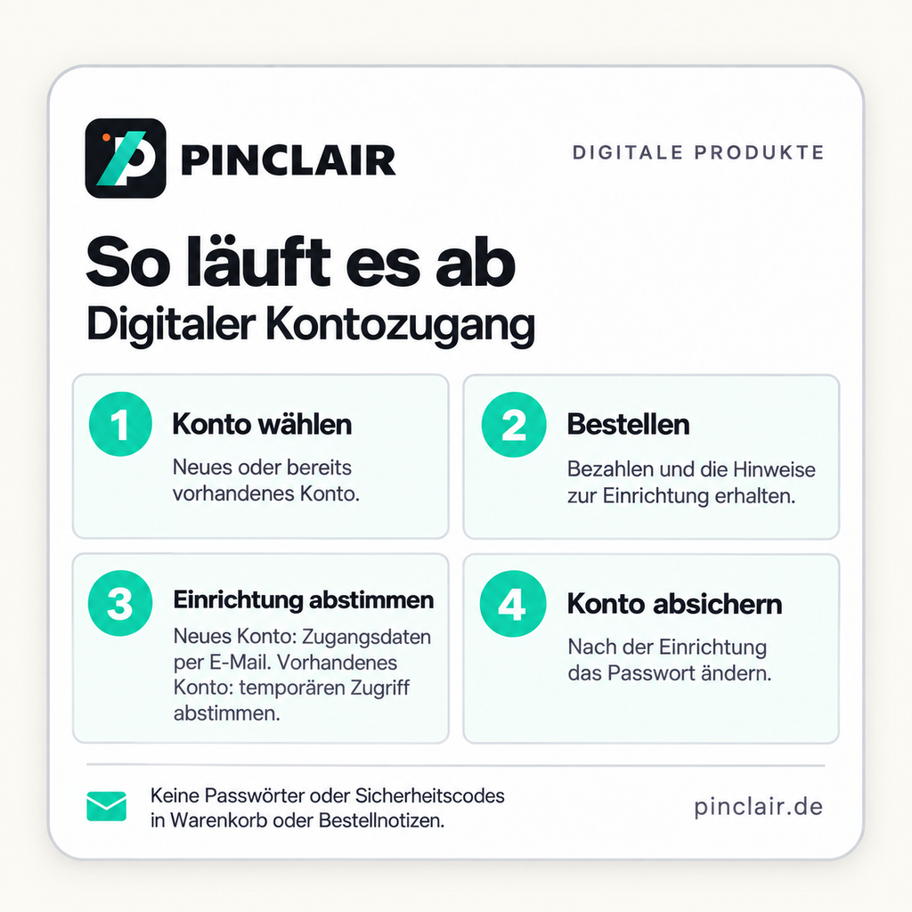 Ablauf: neues oder vorhandenes Konto wählen, bestellen, Einrichtung abstimmen und danach Passwort ändern. Keine Passwörter oder Sicherheitscodes in Bestellnotizen. – Pinclair