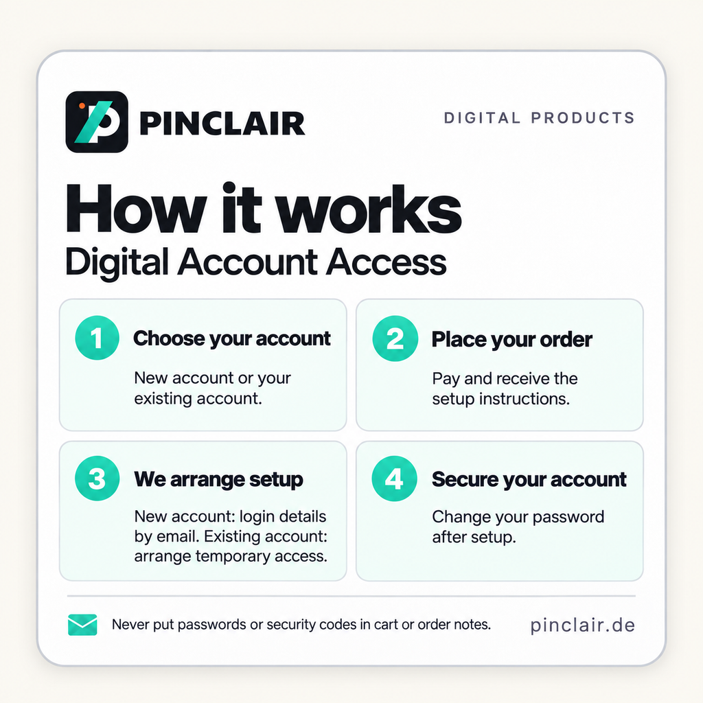How it works: choose a new or existing account, order, arrange setup and change your password afterward. Never put passwords or security codes in order notes. – Pinclair