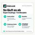 Ablauf: öffentliches Duolingo-Konto ohne aktives Abo prüfen, Nutzernamen bei der Bestellung angeben, Einladung in Duolingo erhalten und annehmen. Angebotsbasis: zwölf Monate; hat der Familienplan bereits vor dem Kauf begonnen, wird der Preis anteilig für die fehlenden Tage erstattet. – Pinclair
