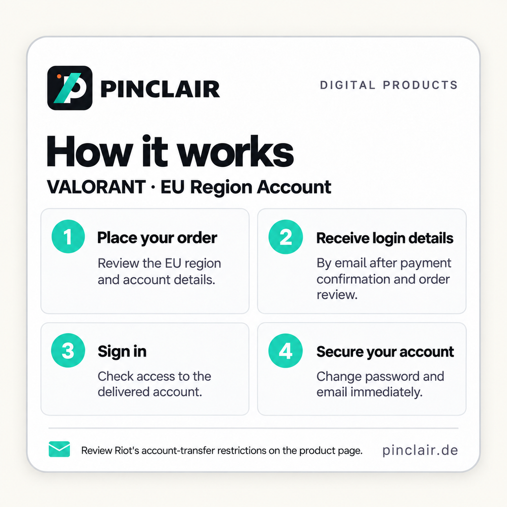 How it works: review the EU region and account details, order, receive login details by email, check access and change password and email. Review Riot's account-transfer restrictions. – Pinclair