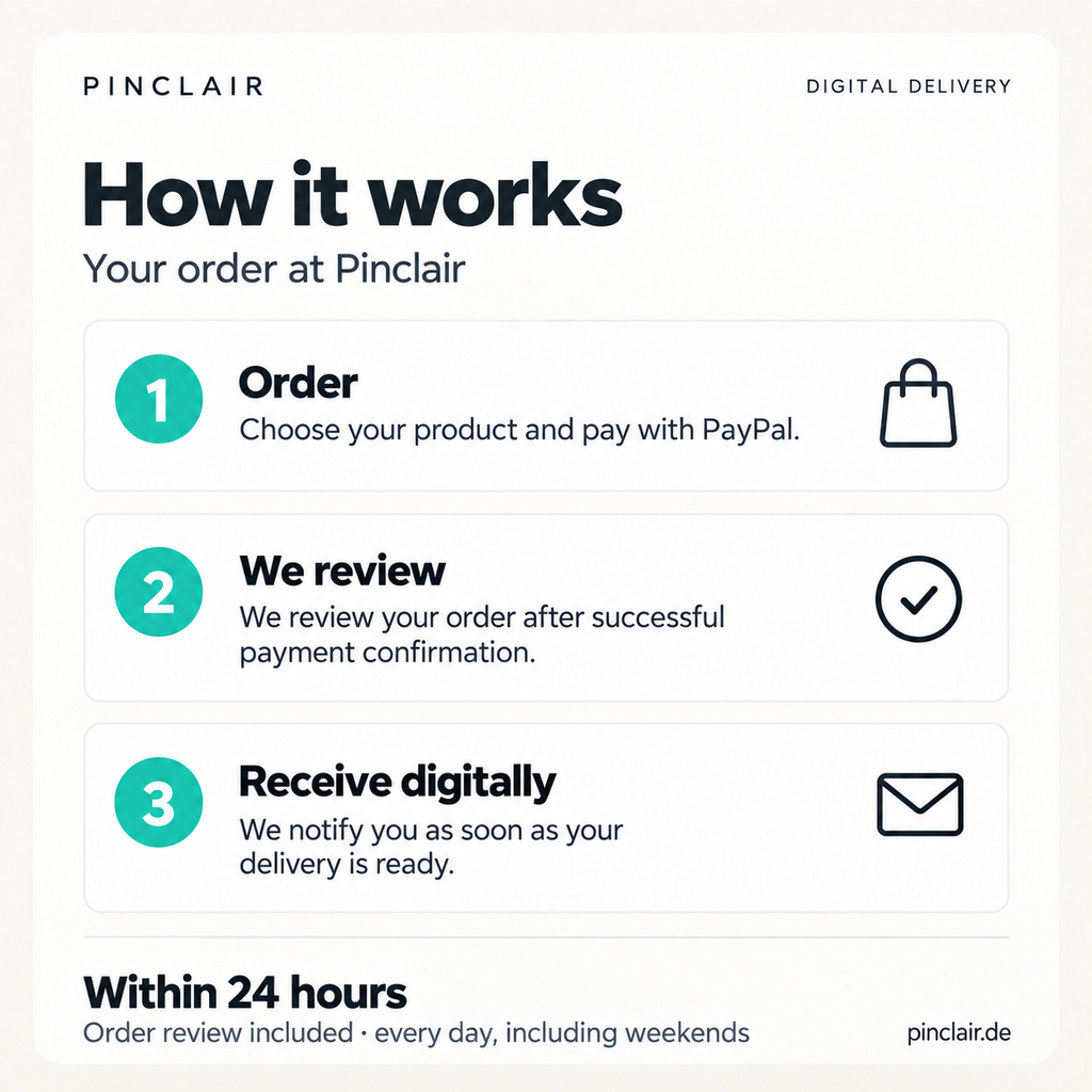 How it works: order with PayPal, order review after successful payment confirmation and digital delivery within 24 hours, every day including weekends. – Pinclair